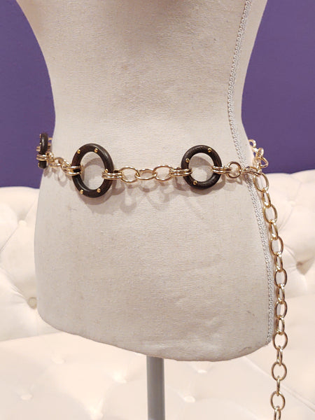 Boho Wood Accent Belt Waist Chain Gold Tone Adjustable