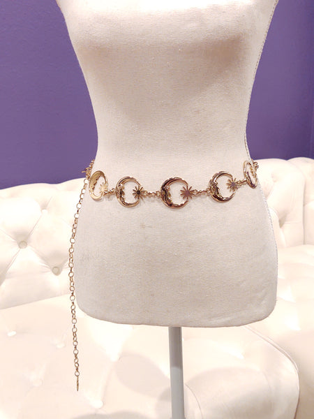 Moon & Stars Celestial Belt Waist Chain Gold Tone Adjustable