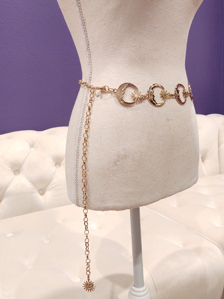 Moon & Stars Celestial Belt Waist Chain Gold Tone Adjustable