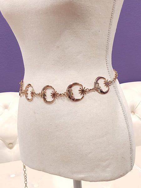Moon & Stars Celestial Belt Waist Chain Gold Tone Adjustable