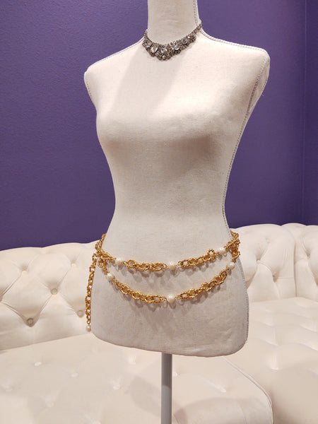 Vintage 2 Layer Belt Waist Chain Pearl Accents Gold Tone