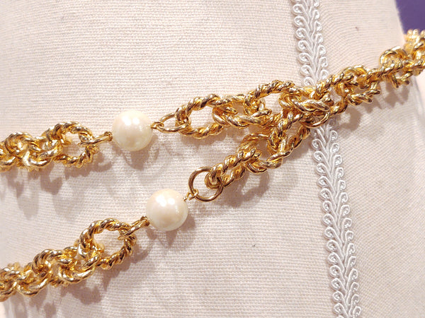 Vintage 2 Layer Belt Waist Chain Pearl Accents Gold Tone