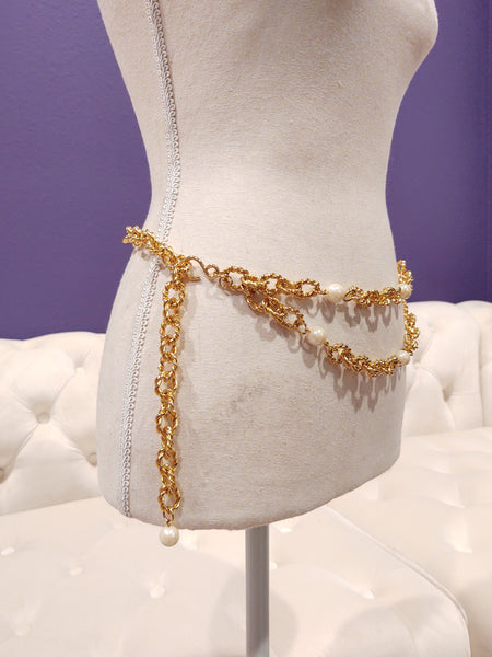 Vintage 2 Layer Belt Waist Chain Pearl Accents Gold Tone