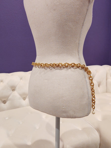 Vintage 2 Layer Belt Waist Chain Pearl Accents Gold Tone