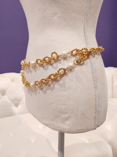 Vintage 2 Layer Belt Waist Chain Pearl Accents Gold Tone
