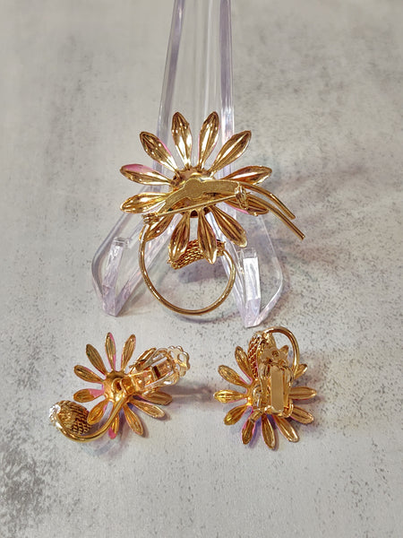 ENAMEL FLOWER Brooch & Earrings Matched Set Vintage Pink - Lot F3