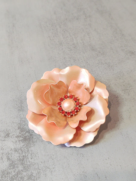 Peach ENAMEL FLOWER Vintage Pin Brooch - Lot F9