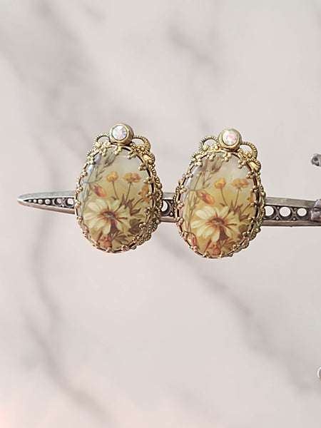 Vtg West Germany Signed Floral Clip On Earrings