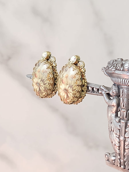 Vtg West Germany Signed Floral Clip On Earrings