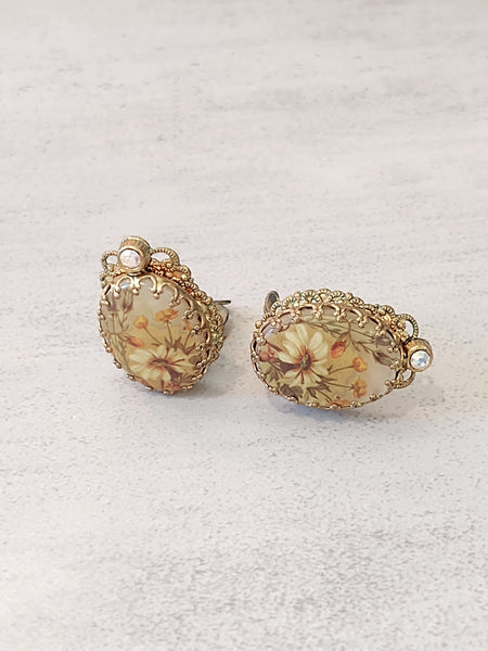 Vtg West Germany Signed Floral Clip On Earrings