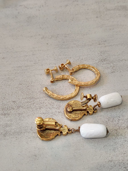 2 Pair NAPIER Vtg Earrings Clip-On Gold Tone Hoops & Dangles – Lot P41