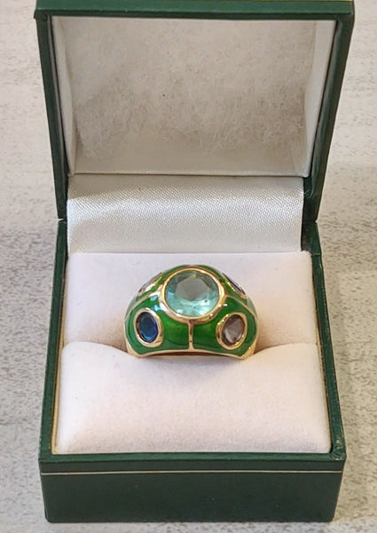 Green Enamel Pastel Crystal Ring Gold Tone Size 7 – P162