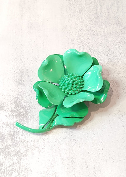 Green ENAMEL FLOWER Vintage Pin Brooch - Lot F5