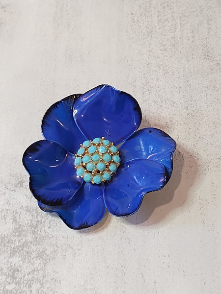 Blue ENAMEL FLOWER Vintage Pin Brooch Flower Power Collectable - Lot F13