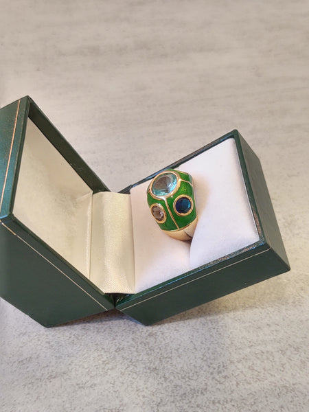 Green Enamel Pastel Crystal Ring Gold Tone Size 7 – P162