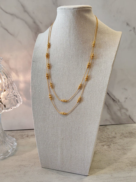 Vtg Avon Shiny Gold Tone 2 Chain Beaded Herringbone Necklace - Lot P3