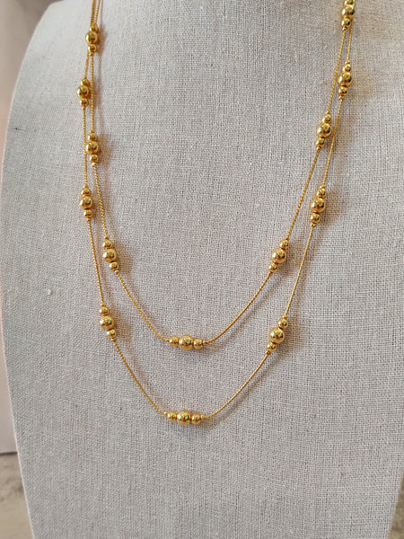 Vtg Avon Shiny Gold Tone 2 Chain Beaded Herringbone Necklace - Lot P3