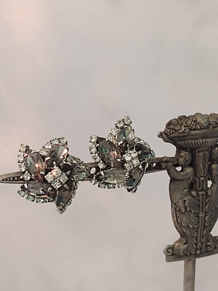 Vtg Smokey Green Rhinestone Cluster Earrings Prong Set Clip On Vintage – Lot P29