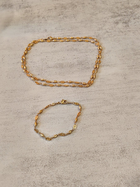 2 Pc Set Necklace Bracelet Gold Vintage Filigree Beaded - Lot P88