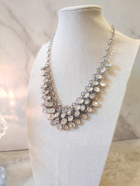 Silver Tone Crystal Statement Bib Necklace 18” + 2” – P84