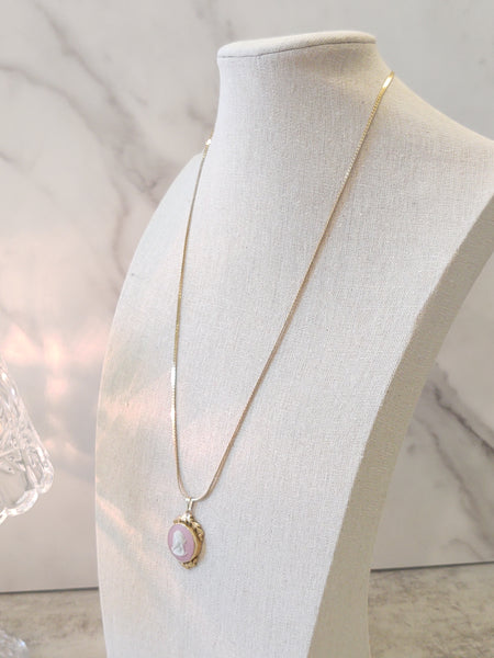 Vtg Wedgwood Pink Cameo Necklace England Gold Tone Setting 24” – P121