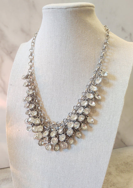 Silver Tone Crystal Statement Bib Necklace 18” + 2” – P84