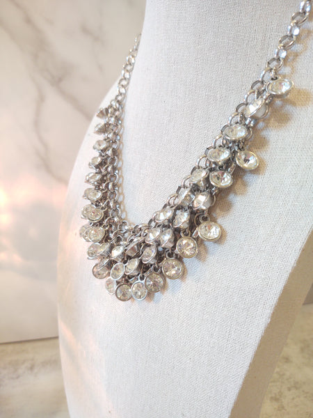 Silver Tone Crystal Statement Bib Necklace 18” + 2” – P84