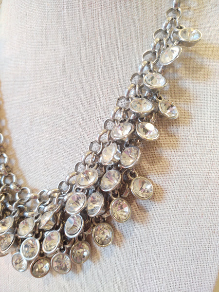 Silver Tone Crystal Statement Bib Necklace 18” + 2” – P84