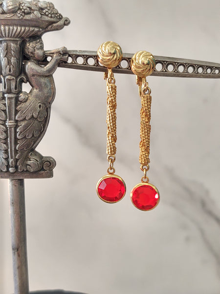 2 Pair Vtg Bezel Set Faceted Glass Drop Clip On Earrings Gold Tone Jewelry – P31