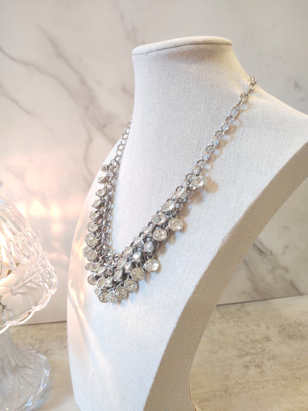 Silver Tone Crystal Statement Bib Necklace 18” + 2” – P84