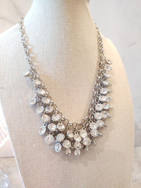 Silver Tone Crystal Statement Bib Necklace 18” + 2” – P84