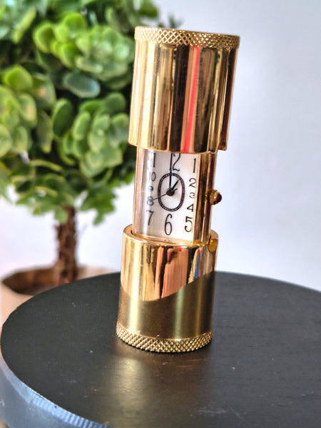 Vintage Telescopic Brass Desk Travel Clock Peek-A-Boo Lipstick Design