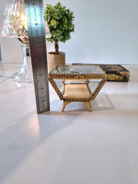 Vintage STYLEBUILT Beveled Glass Trapezoid Shape Gilt Jewelry Box Casket