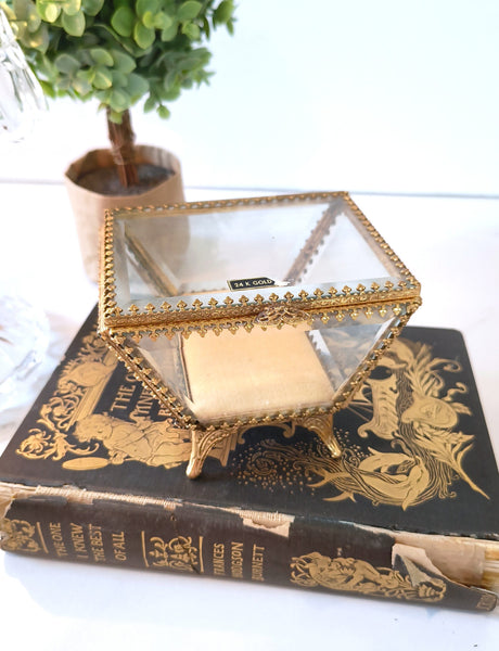 Vintage STYLEBUILT Beveled Glass Trapezoid Shape Gilt Jewelry Box Casket