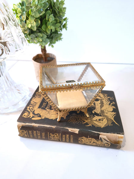 Vintage STYLEBUILT Beveled Glass Trapezoid Shape Gilt Jewelry Box Casket