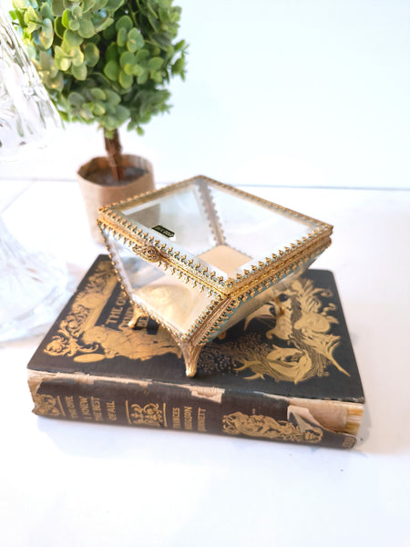 Vintage STYLEBUILT Beveled Glass Trapezoid Shape Gilt Jewelry Box Casket