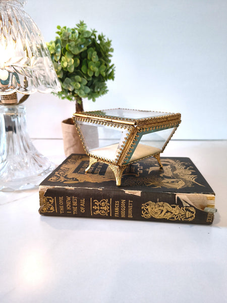 Vintage STYLEBUILT Beveled Glass Trapezoid Shape Gilt Jewelry Box Casket