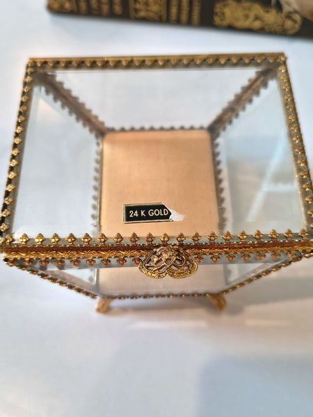 Vintage STYLEBUILT Beveled Glass Trapezoid Shape Gilt Jewelry Box Casket