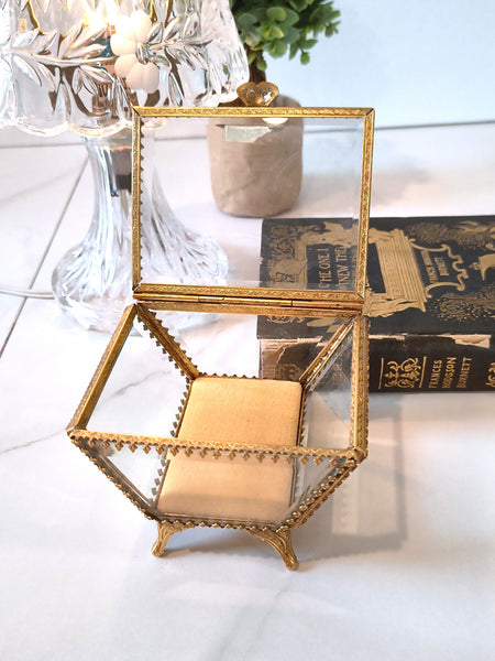 Vintage STYLEBUILT Beveled Glass Trapezoid Shape Gilt Jewelry Box Casket