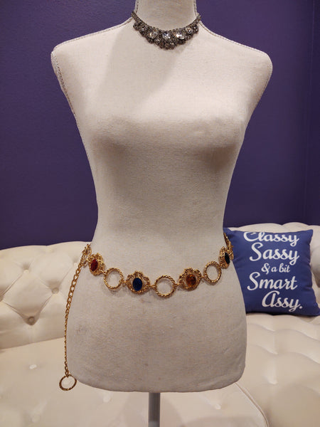 Vintage Rainbow Jeweled Gold Tone Metal Adj Belt
