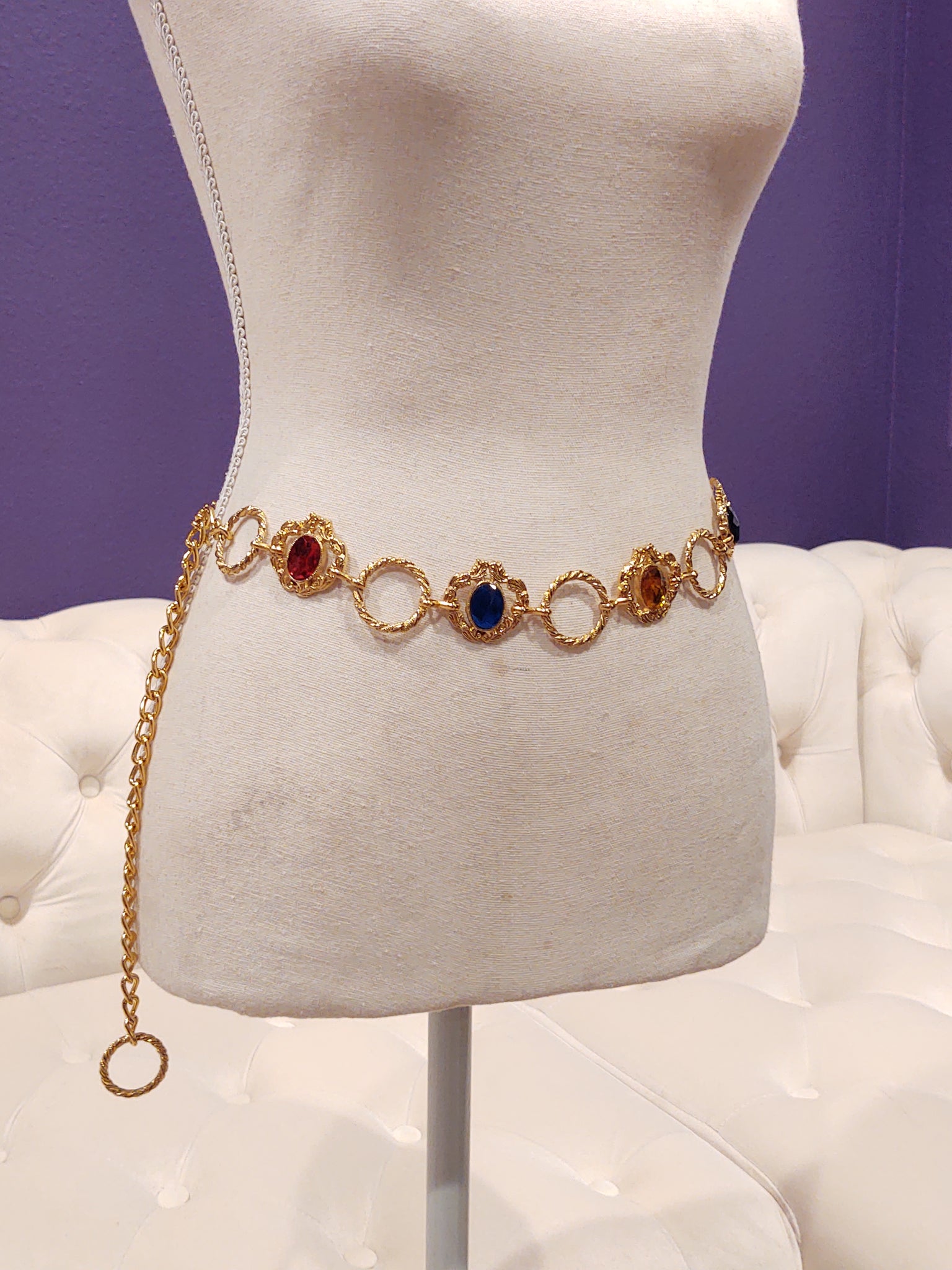 Vintage Rainbow Jeweled Gold Tone Metal Adj Belt