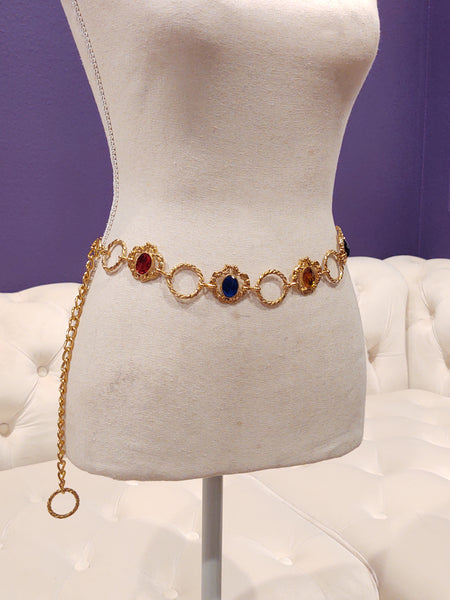 Vintage Rainbow Jeweled Gold Tone Metal Adj Belt