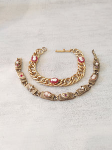 2 Pcs Vintage Cameo & Hearts Red Accents Bracelets Gold Tone - Lot P3