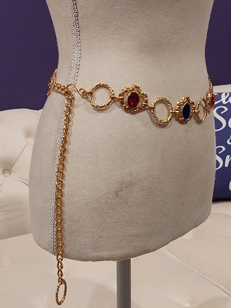 Vintage Rainbow Jeweled Gold Tone Metal Adj Belt