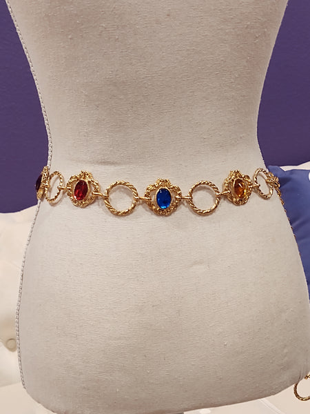 Vintage Rainbow Jeweled Gold Tone Metal Adj Belt