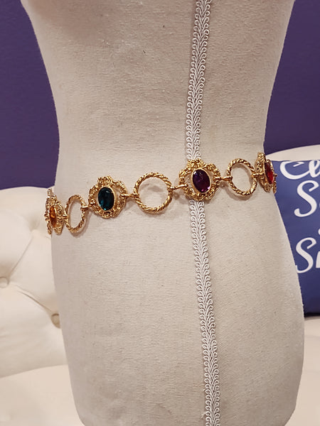 Vintage Rainbow Jeweled Gold Tone Metal Adj Belt