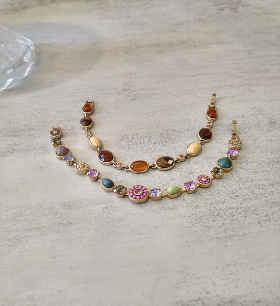 2 Pcs Jeweled Bracelets Gold Tone Sparkling Lots Of Color - Lot P6