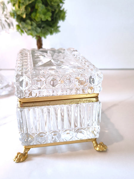 Vintage Jewelry Casket Footed Box Heavy Crystal Glass Hinged Lid