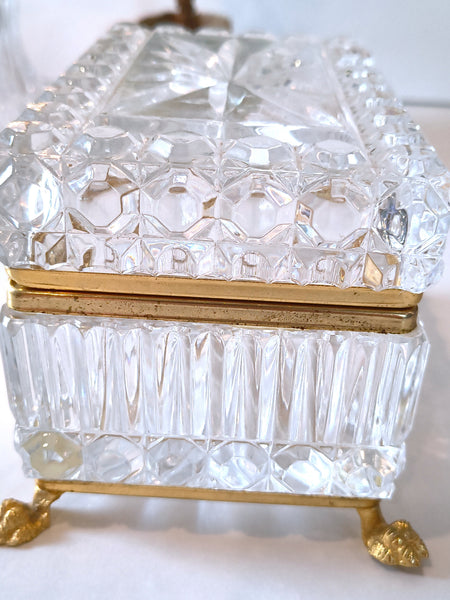 Vintage Jewelry Casket Footed Box Heavy Crystal Glass Hinged Lid
