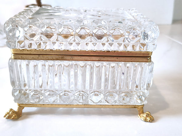 Vintage Jewelry Casket Footed Box Heavy Crystal Glass Hinged Lid
